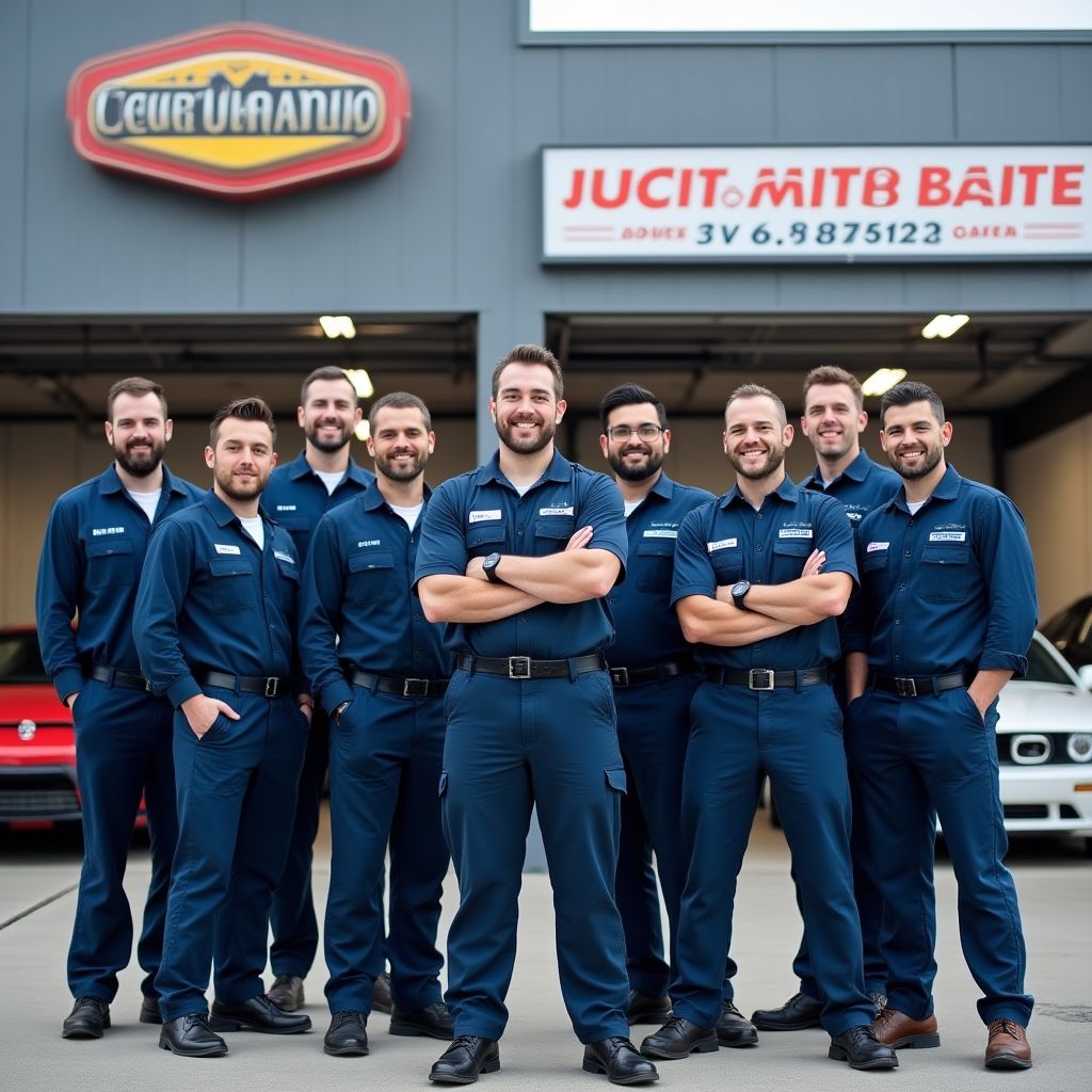 Tým AutoExpres před budovou autoservisu